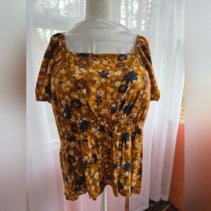 Sonoma Mustard Floral Square-Neck Peplum Tunic